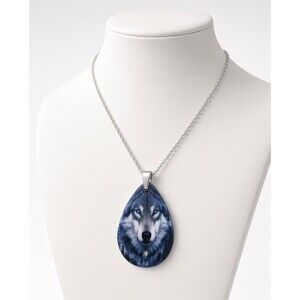 Blue Eyed Wolf Teardrop Pendant Necklace Silver Tone Chain Wildlife Unisex